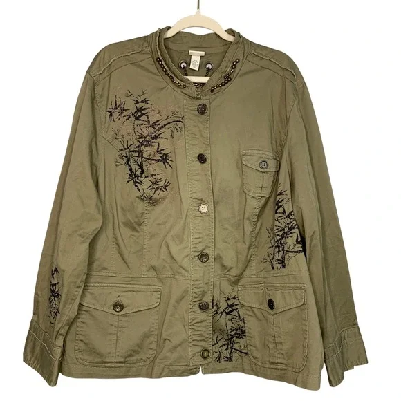 Venezia Women's Khaki Dragon Bamboo Embroidered Utility Jacket Size 26/28 - Picture 1 of 9